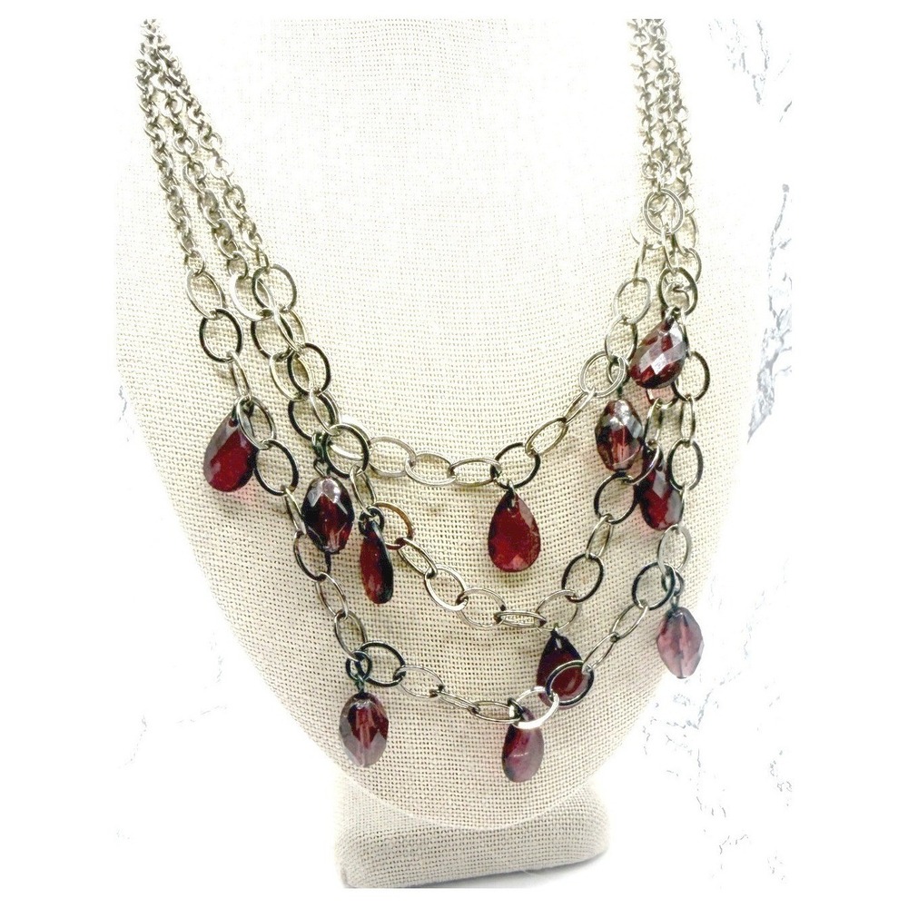 Express Multi Strand Glass Bead Necklace Cranberry Red Silver‎ Tone 16-18"
